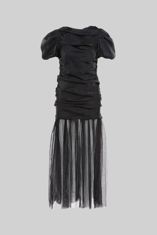 Crumpled, Puff Shoulder Dress with Mesh - Shop Beulah Style