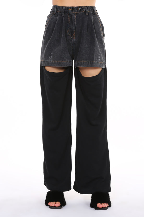 Black Pants with Denim Short Accent - Shop Beulah Style
