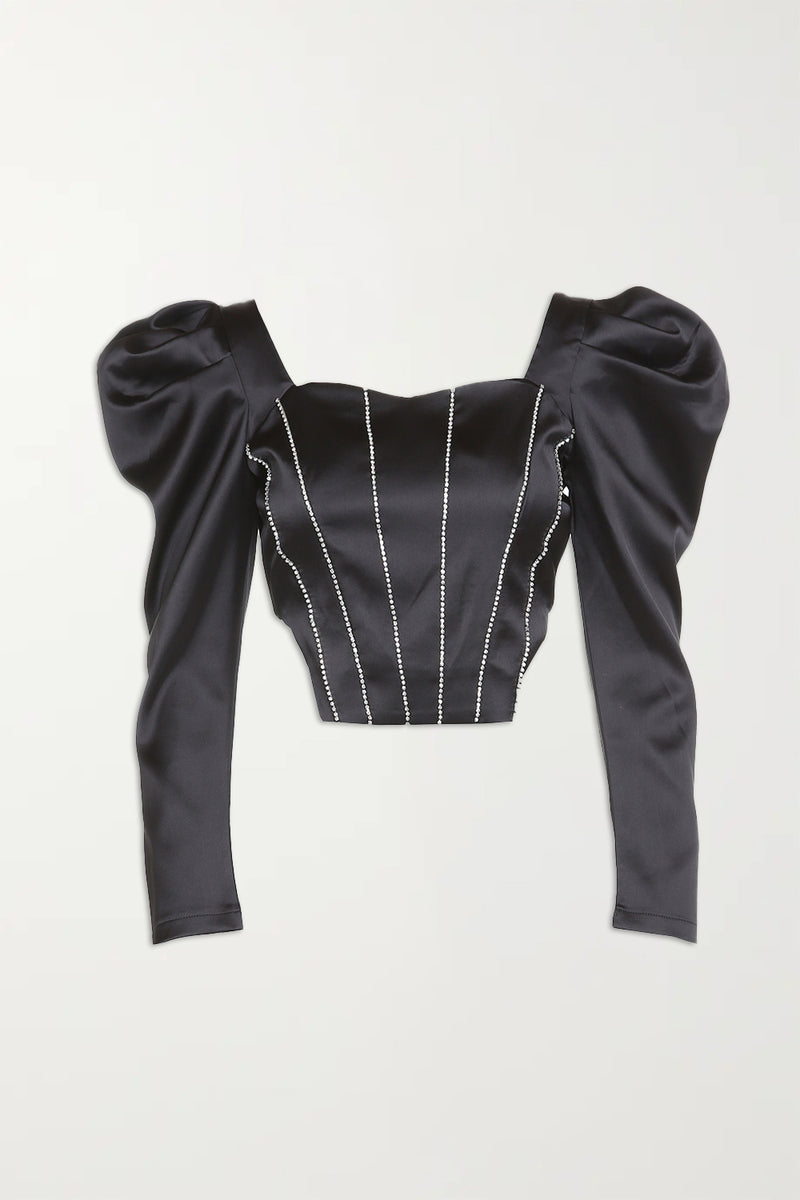 Embellished Satin Corset top with Long puff sleeve - Shop Beulah Style