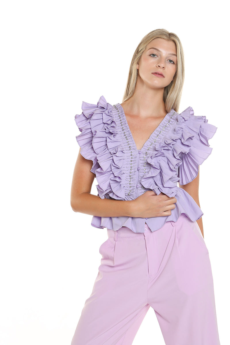 Beaded Neck Ruffle Top - Shop Beulah Style