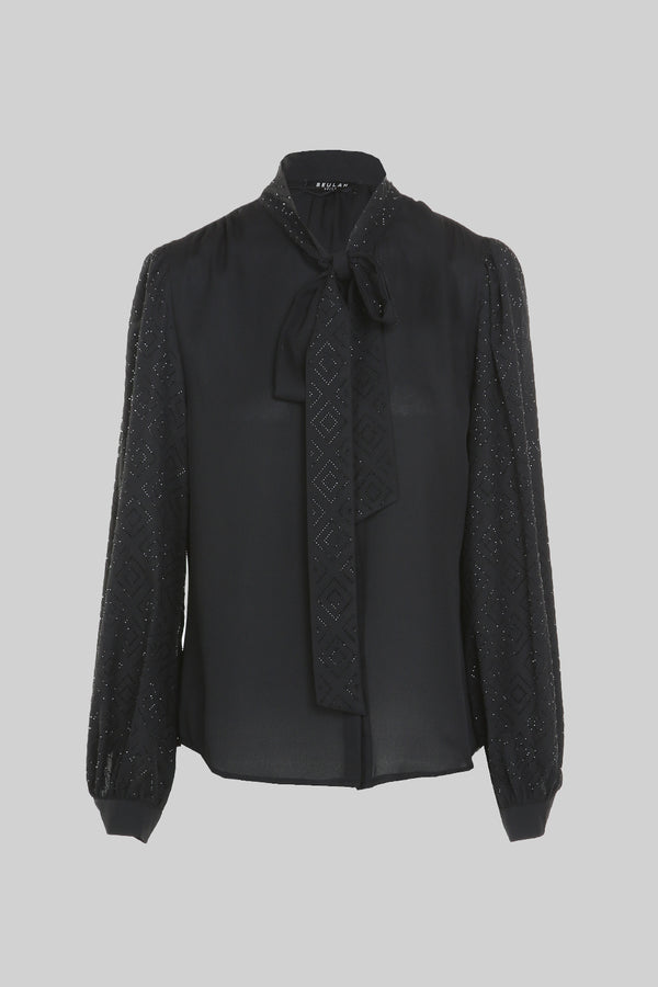 Rhinestones detail bow neck blouse