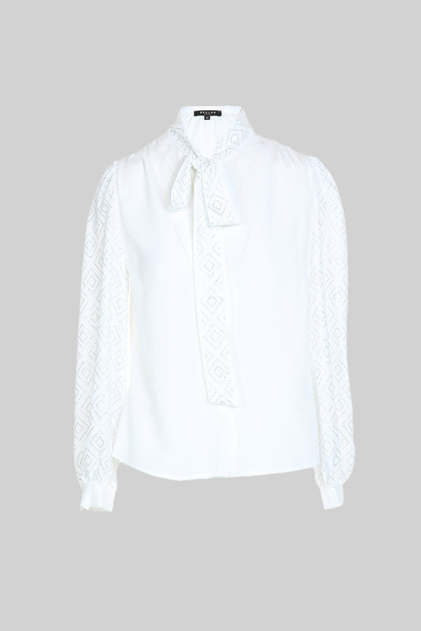 Rhinestones detail bow neck blouse 