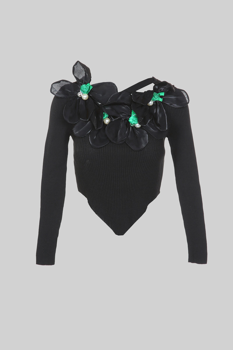 Embellished Flower V-Shaped Hem Knitted Top - Shop Beulah Style