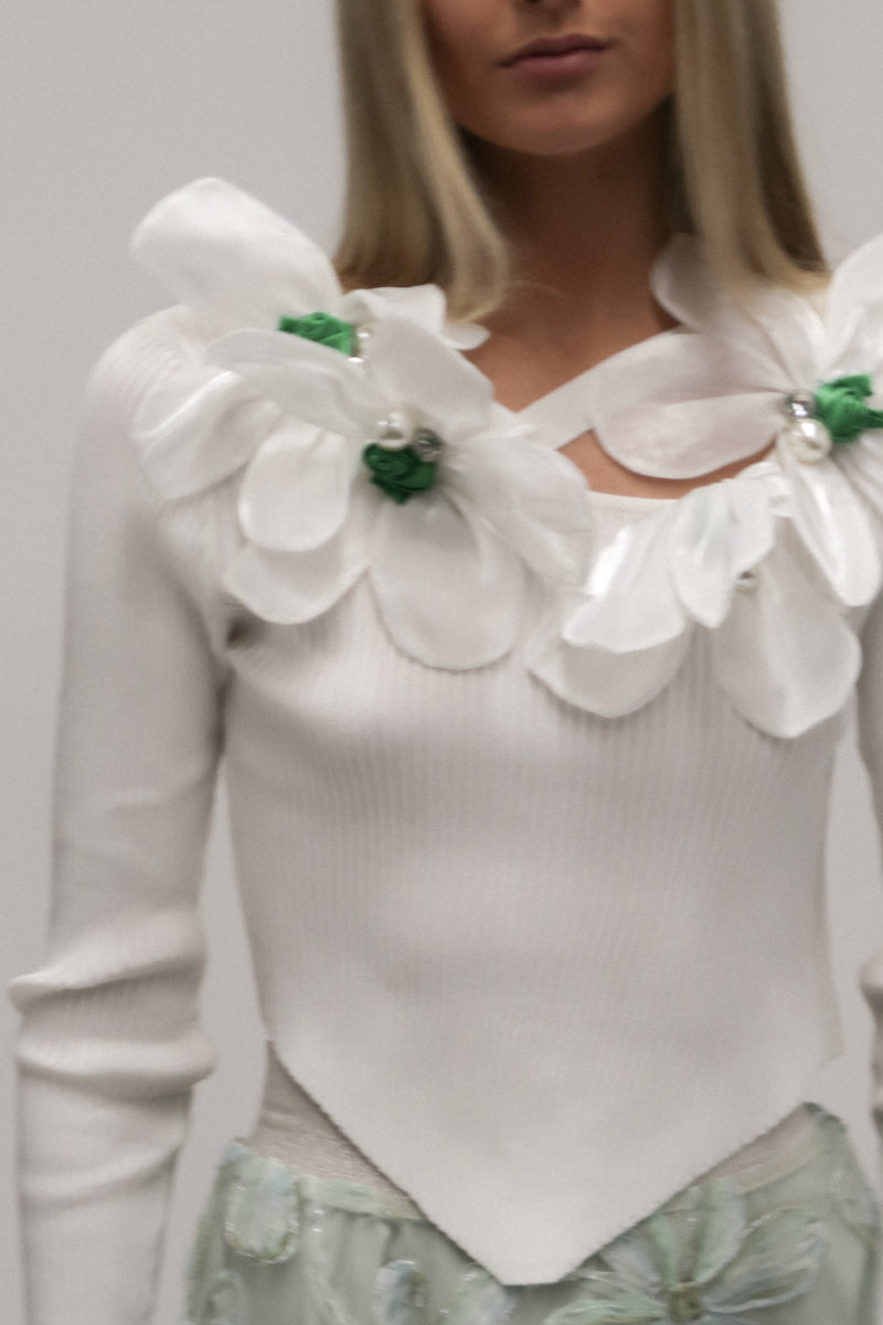 Embellished Flower V-Shaped Hem Knitted Top - Shop Beulah Style