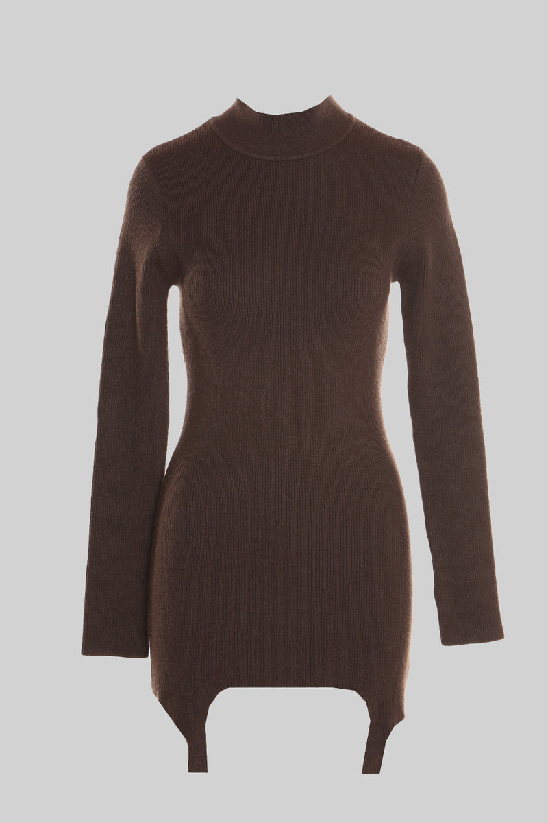 Mock Neck Knitted Mini Dress  With  Square Cut Hem