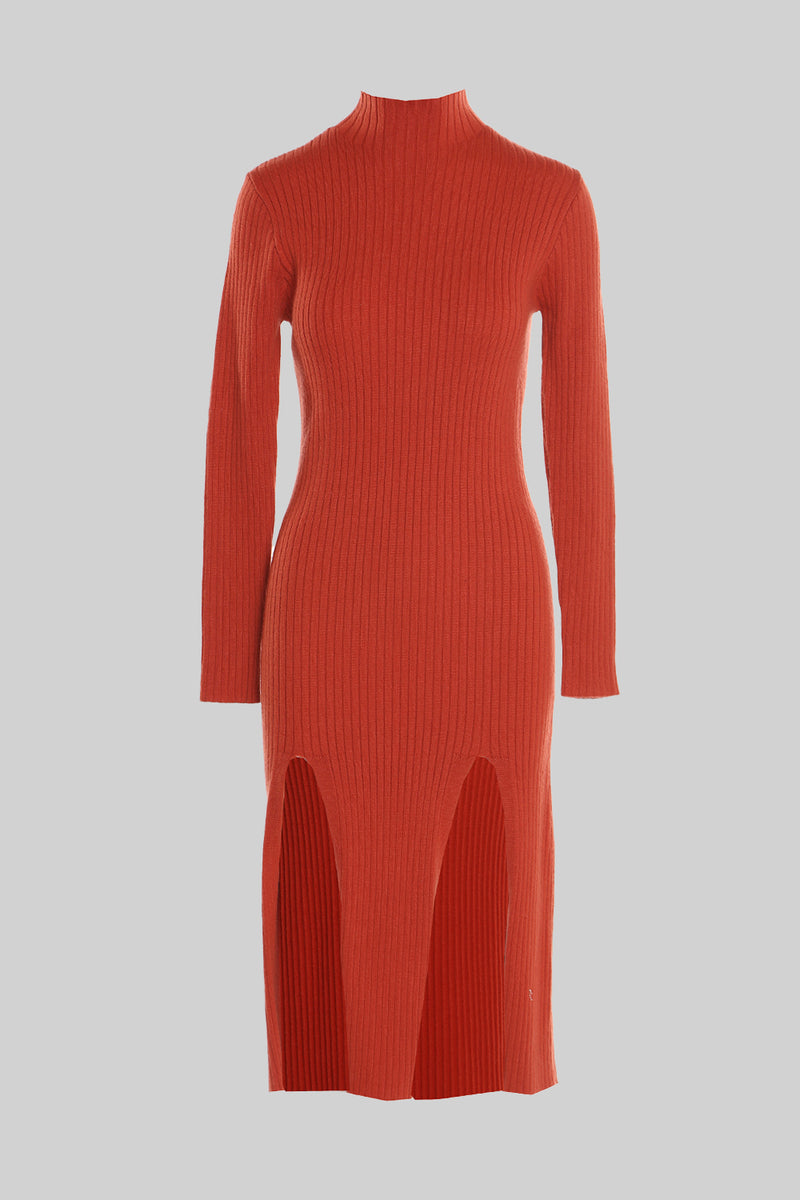 Turtle Neck Knitted Long Dress With Double Slit