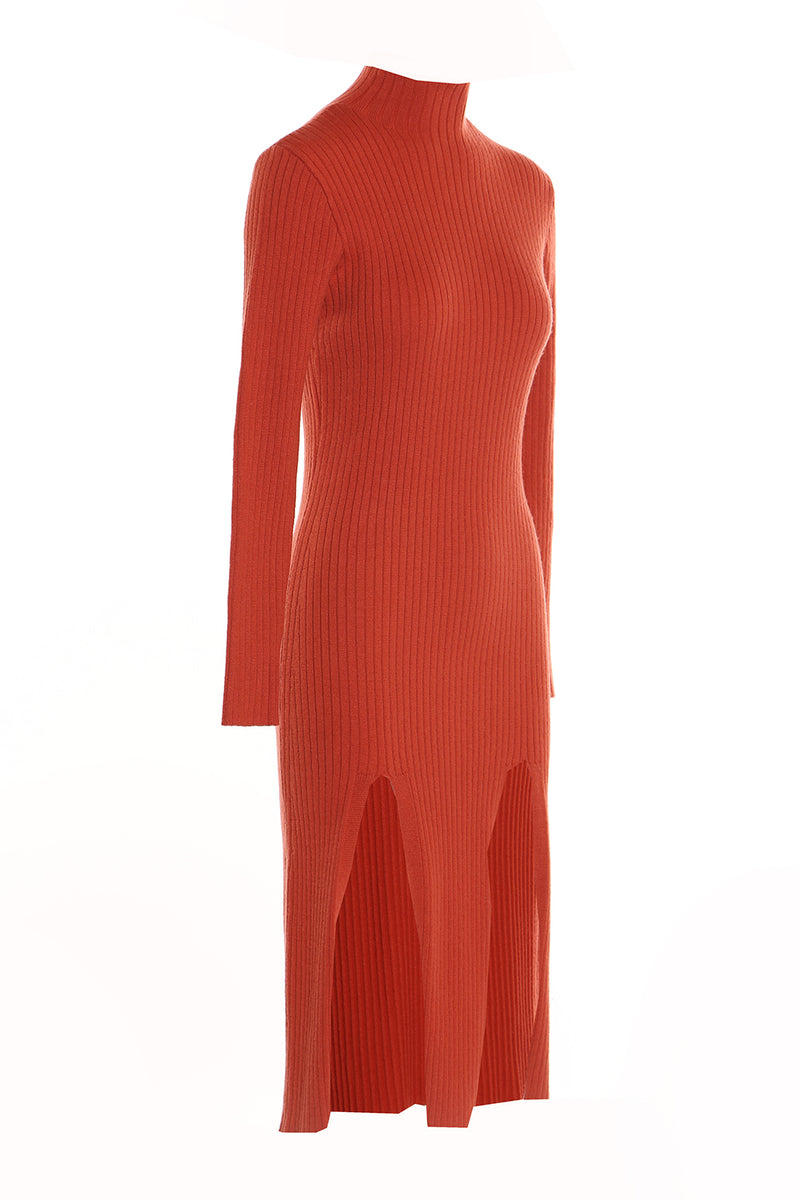 Turtle Neck Knitted Long Dress With Double Slit - Shop Beulah Style