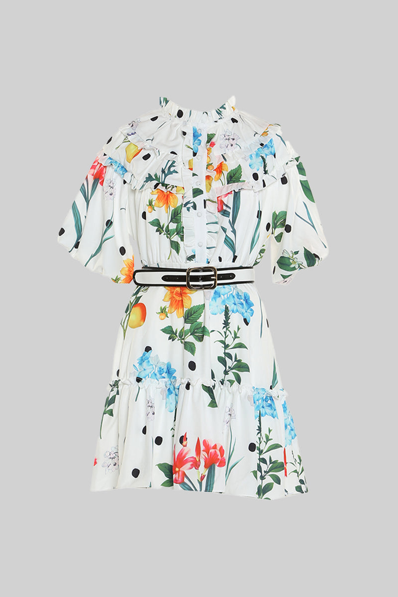 Floral printed ruffle detail dress with Belt