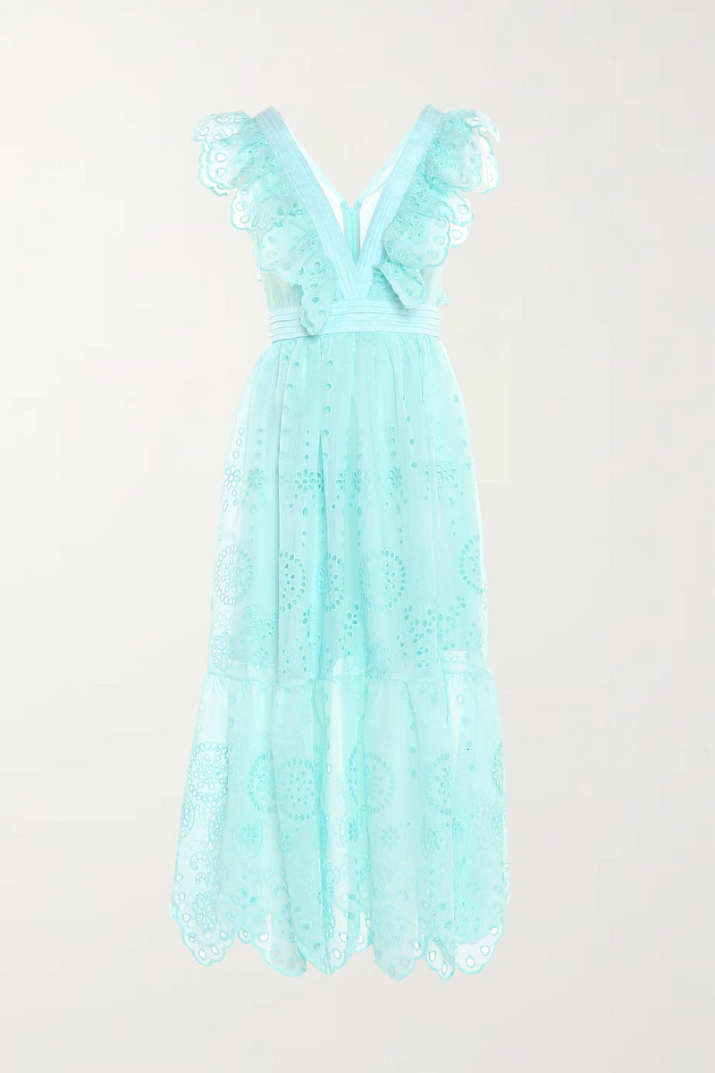 Ruffle Shoulder Eyelet Embroidery Dress - Shop Beulah Style