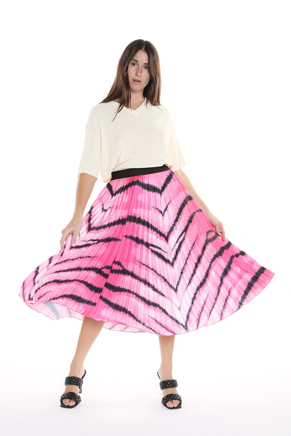 Animal Print Pleats Midi Skirt -MODEL