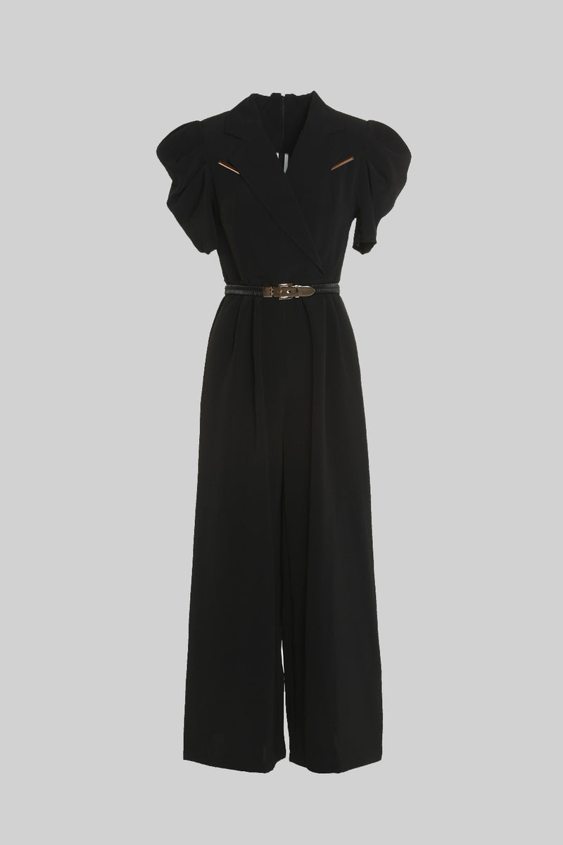 Wide Notched Lapel Jumpsuit With Leather BeltWide Notched Lapel Jumpsuit With Leather Belt
